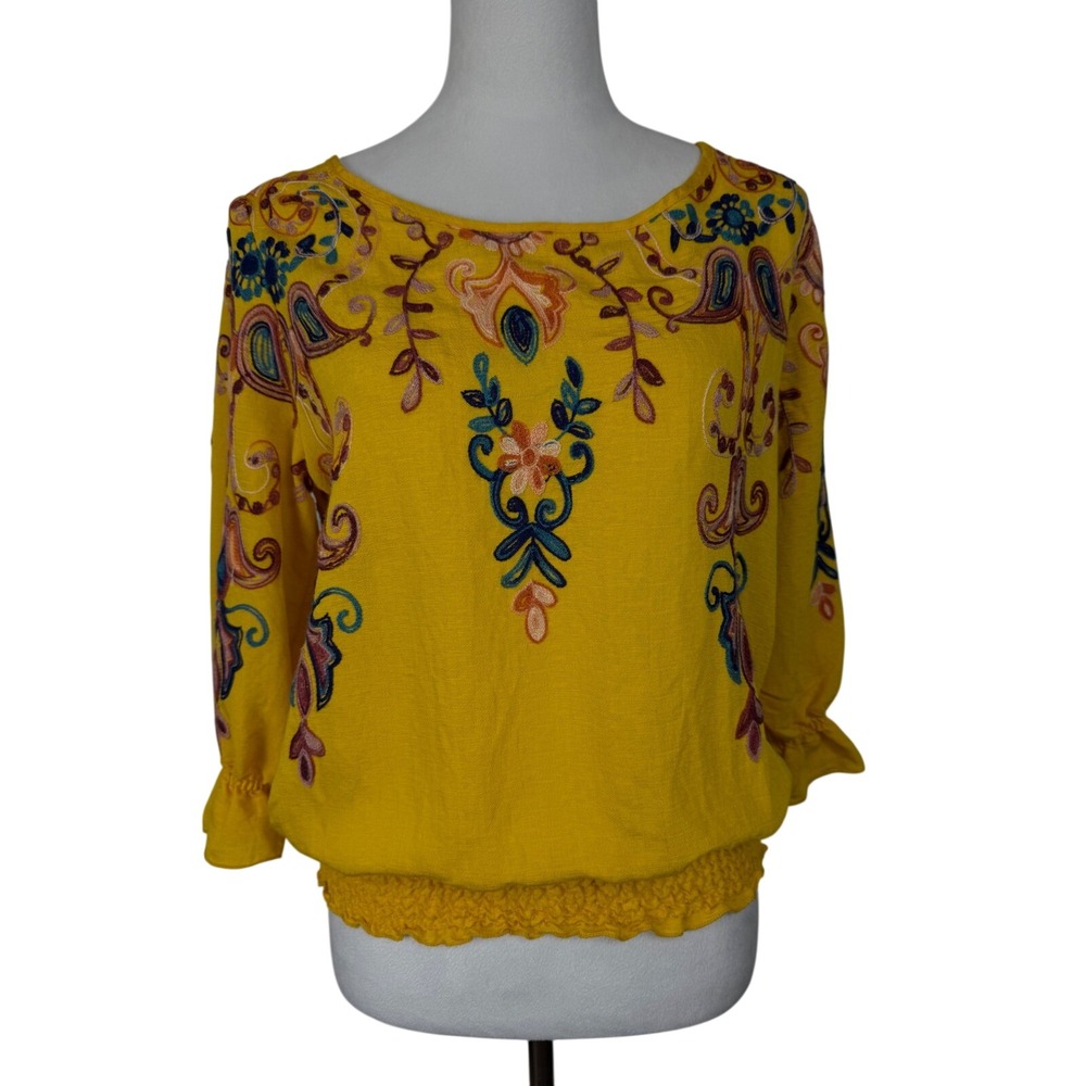 Sapphire Embroidered Blouse Womens S Yellow‎ Boho Paisley Smocked Hem 3/4 Sleeve